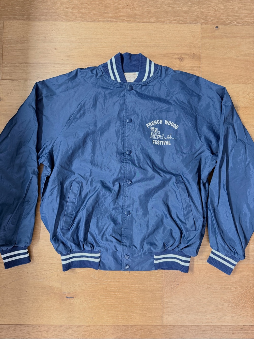 VTG French Woods Festival Auburn Sportswear Camp Nylon Coach Jacket Navy Large